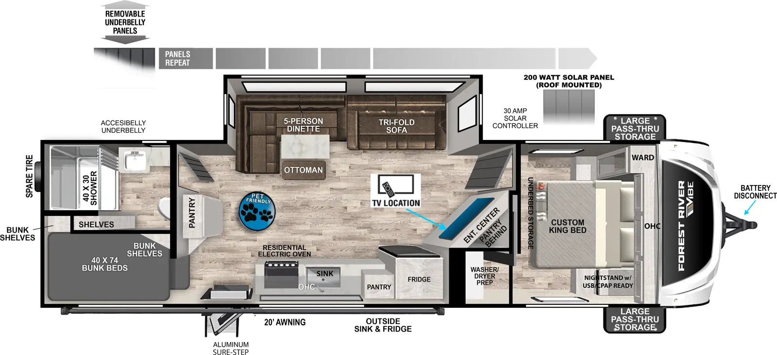 The 2600BH has one slideout and one entry. Exterior features battery disconnect, pass-thru storage, 30 amp solar controller, 20 foot awning, aluminum sure-step entry, rear spare tire, accesibelly underbelly, removable underbelly panels, and roof-mounted 200 watt solar panel. Interior layout front to back: foot-facing custom king bed with overhead cabinet, underbed storage, off-door side wardrobe, door side nightstand with USB/CPAP ready, and door side closet with washer/dryer prep; off-door side slideout with tri-fold sofa, and five-person dinette with ottoman; door side entertainment center with fireplace, pantry behind, refrigerator, kitchen counter with sink, overhead cabinet, residential-style electric oven, and entry; pantry along inner wall; rear off-door side full bathroom with shelves; rear door side bunk beds with bunk shelves. Pet Friendly RV.